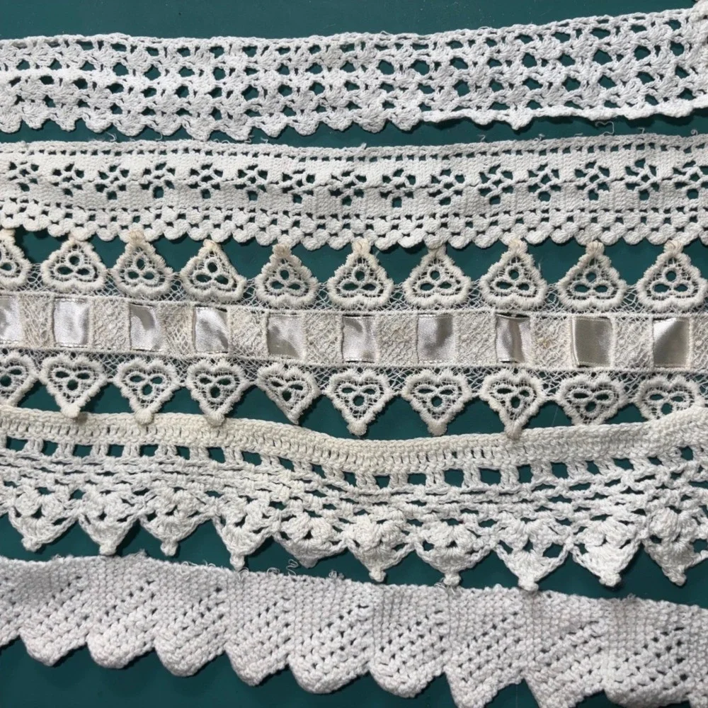 Vintage White Crochet Lace Trim Lot 6pc Heart Satin Ribbon Junk Journal Sewing